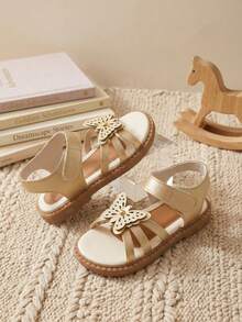 1 đôi sandal mùa hè màu vàng ánh kim cho bé gái, quai chéo, thiết kế hình bướm rỗng hai lớp, khóa dán, kiểu dáng công chúa, thời trang và đa năng, phù hợp cho vui chơi ở công viên và mang hàng ngày. - Hoa hồng vàng - Xem 2