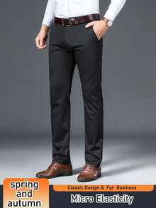 Pantalones de vestir clásicos para hombres, pantalones casuales de negocios de unicolor y elásticos, de estilo elegante y lujoso para primavera/verano - Negro - Ver 3