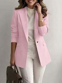 Chaqueta de blazer de unicolor con solapa para mujer, de manga larga con botones y bolsillos, adecuada para otoño, invierno y primavera.Chaqueta de oficina de manga larga, prenda exterior versátil para negocios y hogar, apta para otoño, invierno y primavera - Rosa - Ver 6