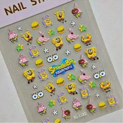 SpongeBob SquarePants 5pcs SquarePants Block-Shaped Cartoon Nail Stickers, Anime DIY 3D Nail Art Decals, Artistic Self-Adhesive Waterproof Decorations, Perfect Nail Gifts For Valentine's Day, Party Favors, Birthday Gifts, Back-To-School Presents, Creative Small Stickers For Fun Nail Designs