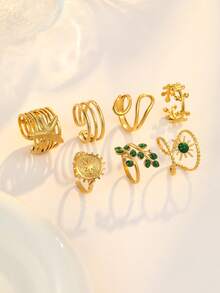 7pcs Set Minimalist Stainless Steel Rings With Emerald Green Stones, Starfish, Leaf, Sun Shaped, Suitable For Women's Daily Wear Or Gift - Yellow Gold - View 2