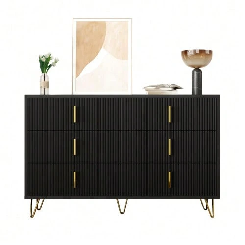 Elegant Sideboard With A Modern Design, Featuring Drawers, Ample Storage Space, And Gold Handles. - 黑色 - 查看 1