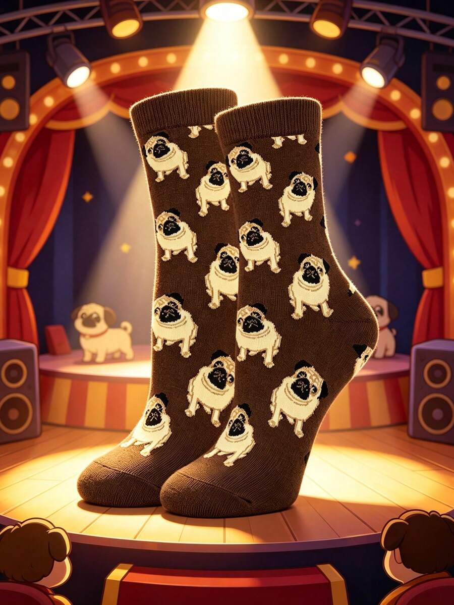 Cute Pug Print Mid-Calf Socks, Unisex Fashion Funny Socks, Interesting Dog Pattern Design, Sweet Gift For Dog Lovers - Multicolor - View 1