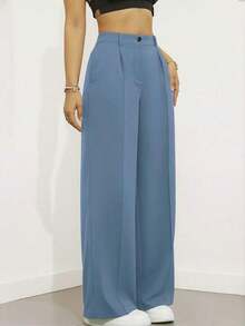 Pantalones holgados de cintura alta con pliegues, aptos para el trabajo y el uso casual, negro para primavera/verano - Azul - Ver 5