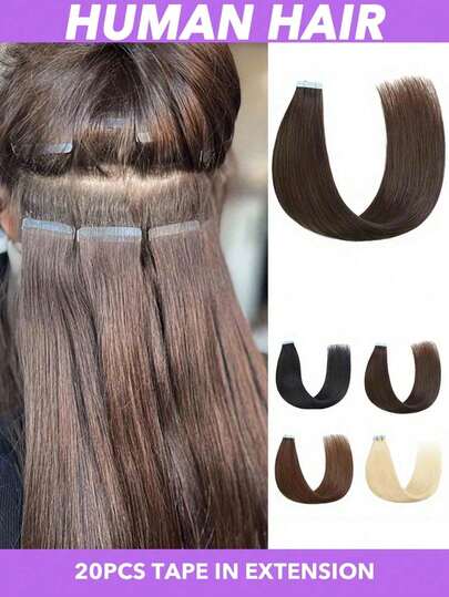 Tape In Hair Extensions Human Hair Remy Hair 20 Pieces 50g/Pack Straight Seamless Invisible Light Beige Weft Extensions Easy To Apply And Style, Coffee Color, Dark Brown,Light Gold, Natural Color,16 18 20 Inch (#1B #2 #4 #613) Easy To Apply And Style