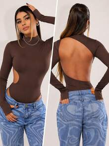 Women's Long-Sleeved Bodysuit With Cutout Back And Thumb Loop. Perfect For Vacation, Travel, And Winter. - Rỉ Nâu - Xem 1