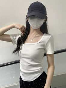 Áo croptop dáng ôm, cổ vuông, tay ngắn, xếp ly eo, kiểu Hàn Quốc dành cho nữ, thích hợp mặc thường ngày. - trắng - Xem 7