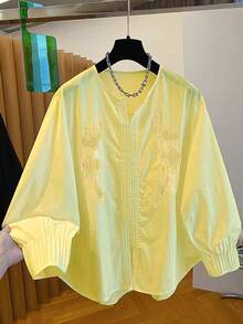 春夏女款白色休閒寬鬆長袖百褶袖V領刺繡蕾絲門襟蕾絲飾邊襯衫上衣 黃色 - 黃色 - 查看 3