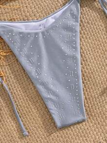 Women's Summer New European And American Beach Vacation Style Rhinestone Backless Tie Front Split Bikini Set - Silver-gray - View 5