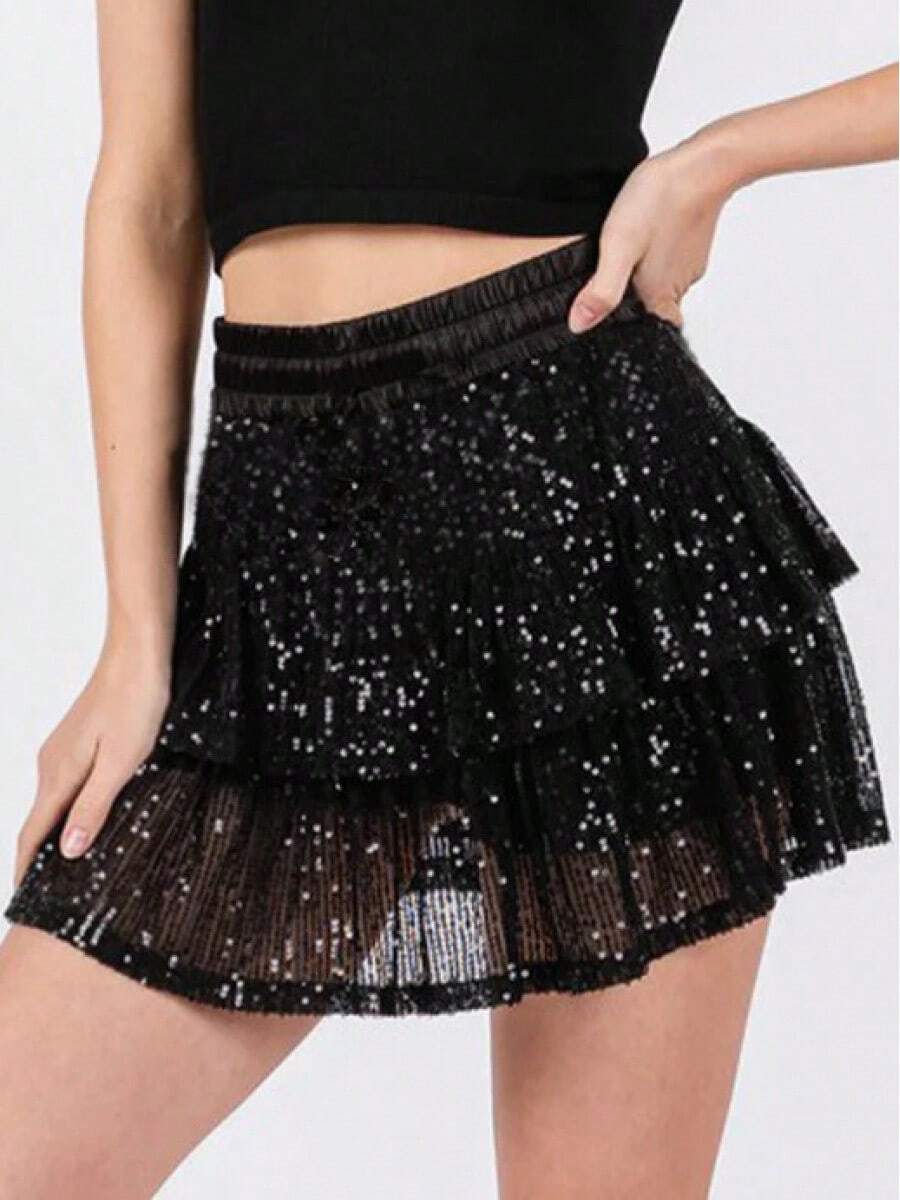 New Sequined Mini Skirt For Nightclub Party - Black - View 1