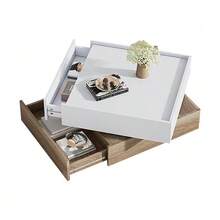 Functional Coffee Table, Living Room Table, 360° Rotating Top With 2 Shelves And Storage Cabinet, Side Table With Walnut Frame For The Living Room, White, 60*60*38cm - Natural White - View 8