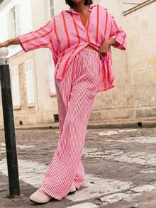 亚麻棉混纺优雅粉色条纹长袖衬衫，适合夏季海滩度假 - 粉紅色 - 查看 3