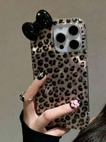 Fashionable 3D Rhinestone Bow Leopard Print Phone Case, Suitable For IPhone 17 Pro Max, 17 Pro, 17 Air, 17, 16, 15, 14, 13, 12 Pro Max, 11, Stylish Shockproof Back Cover - Black Diamond Bow - View 1