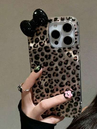 Fashionable 3D Rhinestone Bow Leopard Print Phone Case, Suitable For IPhone 17 Pro Max, 17 Pro, 17 Air, 17, 16, 15, 14, 13, 12 Pro Max, 11, Stylish Shockproof Back Cover