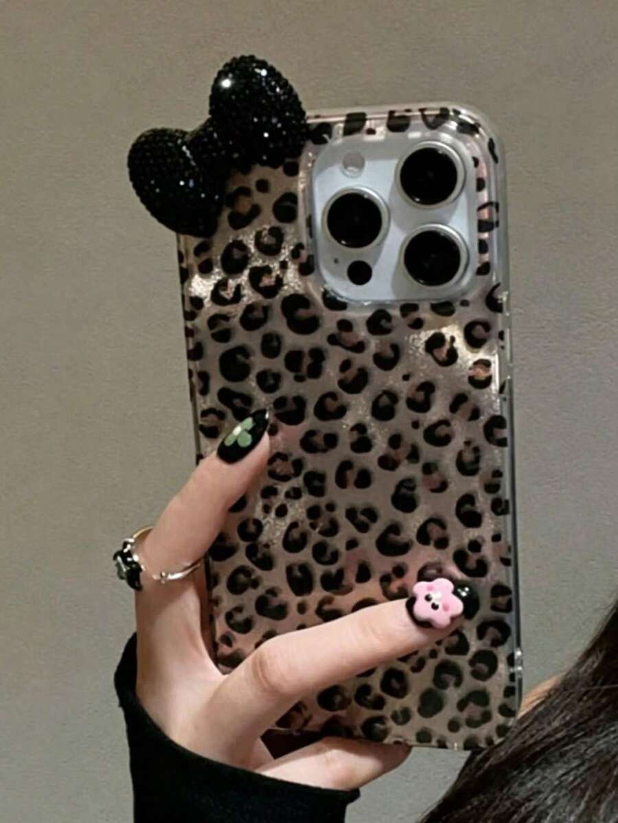 Fashionable 3D Rhinestone Bow Leopard Print Phone Case, Suitable For IPhone 17 Pro Max, 17 Pro, 17 Air, 17, 16, 15, 14, 13, 12 Pro Max, 11, Stylish Shockproof Back Cover - Black Diamond Bow - View 1