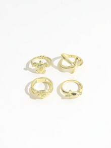 4pcs Ocean Life Seashell, Starfish, Shark Shaped Open Rings, Bohemian Vintage Style Gold Color Rings For Women - Gold - View 4