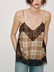 Top Cami de Encaje a Cuadros Grunge Y2K - Camiseta Boho Casual Suelta Sin Mangas con Cuello en V - Marrón oscuro - Ver 2