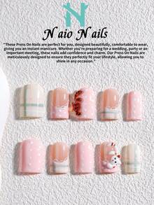 NAIO 10片手工穿戴式美甲貼片，3種尺寸：棺材形/杏仁形/短方形，Y2K辣妹風，裸色/白色/粉色/藍色法式邊緣，3D動物浮雕、波點、格紋與蕾絲，奶油質感，適合女性與女孩，日常/派對穿搭，含工具組，禮物與美甲用品 - 彩色 - 查看 3