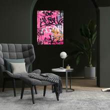 Arte de Pared de Grafiti Moderno en Lienzo Enmarcado - Texto de Grafiti Rosa y Temas de Amor/Anime/Religión, Póster Mural con Marco de Madera Envolvente, Listo para Colgar para Sala de Estar, Dormitorio, Decoración de Oficina - Decoración Contemporánea para el Hogar, 2D Plano, Perfecto para - Enmarcado - Ver 2