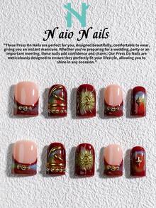 NAIO Bộ 10 móng giả dán thủ công, 3 kích cỡ: hình quan tài/hình hạnh nhân/hình vuông ngắn, kiểu Y2K cá tính, màu nude, đỏ, xanh dương và xanh lá cây với viền kiểu Pháp, móng bạc họa tiết graffiti, hiệu ứng chuyển màu xanh dương-xanh lá cây, họa tiết mặt trời và móng giả đính kim loại. Chất liệu dạng kem, phù hợp cho phụ nữ và bé gái, dự tiệc, sử dụng hàng ngày. Kèm bộ dụng cụ, món quà tuyệt vời cho móng tay của phái nữ. - Nhiều màu - Xem 13