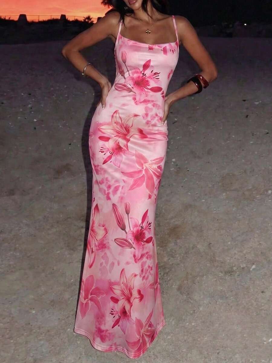 新款女士花卉数码印花垂褶领连衣裙，性感深V领收腰度假长裙 - 粉色 - 查看 1