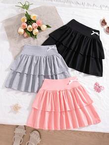 3pcs/Set Girls' Casual Everyday Solid Color Layered Skirt With 3D Bow Decor - Multicolor - View 2