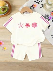 2pcs/Set Young Girls Summer Outfit, Cute Cartoon Print Loose Round Neck Short Sleeve T-Shirt And Shorts, Casual Style Suitable For Spring/Summer, Beach, Weekend Activities, Adorable Summer Set - Apricot - View 3