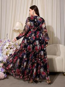 Đầm dài nữ cỡ lớn màu đen họa tiết hoa nhí, cổ tròn, dáng chữ A xếp ly xòe rộng, chất liệu vải dệt, không co giãn, đầm maxi thanh lịch dành cho nữ, hàng mới về, thiết kế thắt eo, thích hợp cho mùa hè, kỳ nghỉ, mặc hàng ngày. - màu đen - Xem 2