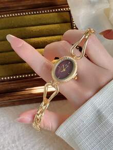 1pc Women's Oval Silver-Black Square Gold-Tone Dial Quartz Casual Watch, Suitable For Daily Wear - Burgundy - View 3
