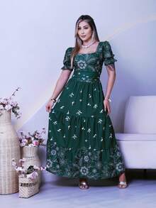 Women's Long Printed Premium Luxury Elegant Casual Party Dress With Ruffled Fabric, Perfect For Weddings, Home, Baby Showers, And Dates. - 軍綠色 - 查看 1