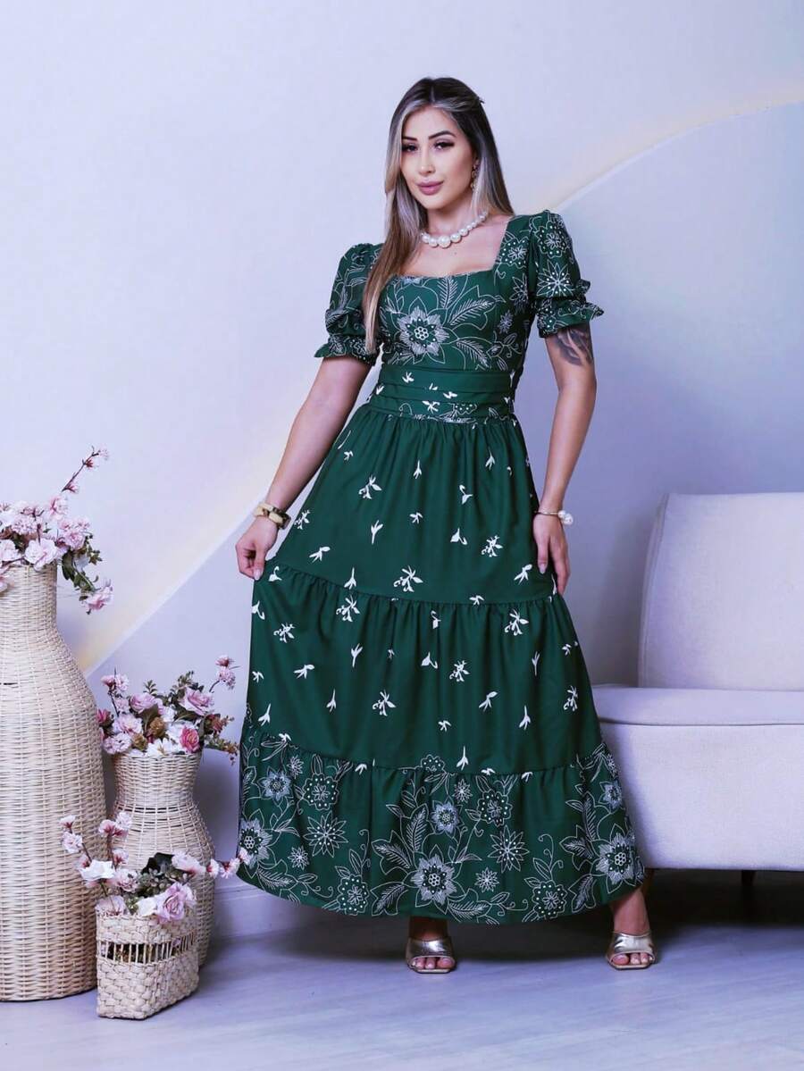 Women's Long Printed Premium Luxury Elegant Casual Party Dress With Ruffled Fabric, Perfect For Weddings, Home, Baby Showers, And Dates. - 軍綠色 - 查看 1