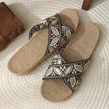 Women's Criss-Cross Linen Slippers, Retro Floral Pattern, Breathable Indoor Floor Slippers For All Seasons - Black - View 5