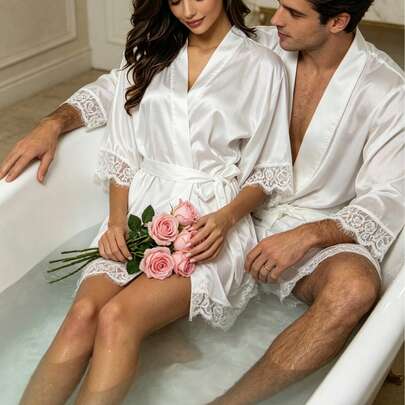 Sheer Lace Trim Satin Sexy Robe With Tie, Bridal Robe, Luxury Intimate Loungewear, Comfortable Elegant Details, Satin Gold Embroidered Lace Trim Robe - Wedding Robe - Bridal Gift - Bride Robe Elegant Comfortable Lace Patchwork Embroidered Back Belt Sleepwear Robe Nightgown, Satin Lace Trim Embroidered Robe, Bridal Wedding Party Robe Kimono Sleepwear Satin Lace Dress