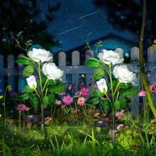 Solar Powered Realistic Rose Flower Garden Lights, 3-Head Outdoor Decorative Lights, Suitable For Christmas Garden, Yard, Patio, Path Decor, Valentine's Day, Mother's Day, Wedding Floral Theme Decoration, Solar LED Holiday Lights - White - View 3