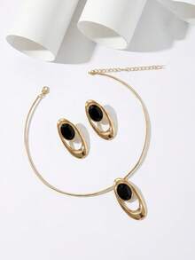 3pcs Elegant Creative Necklace + Earrings Jewelry Set, Fashionable Personalized Metal Geometric Asymmetrical Oval Pendant Necklace With Acrylic Bicolor Design, Versatile For Daily, Festival, Party - Collar - View 4