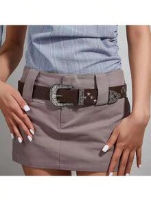 1pc New Brown Star Retro PU (Polyurethane) Women's Belt, Suitable For Dresses, Jeans, Skirts In All Seasons, Fashion Versatile Western-Style Belt For Daily Use - Brown - View 7