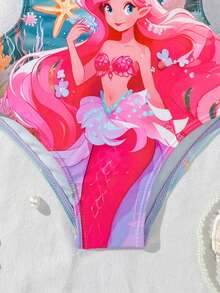 Girls' Cute Cartoon Mermaid Pattern Hollow Out Swimsuit - Multicolor - View 3