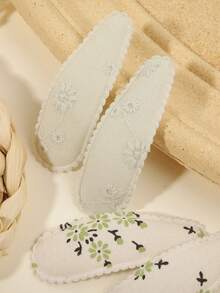 Set de 6 pinzas para el cabello con flores + bordado de gota de agua, pinzas laterales con borde de tela que no dañan, accesorios para el cabello de estilo suave adecuados para uso diario en primavera/verano - Blanco - Ver 4