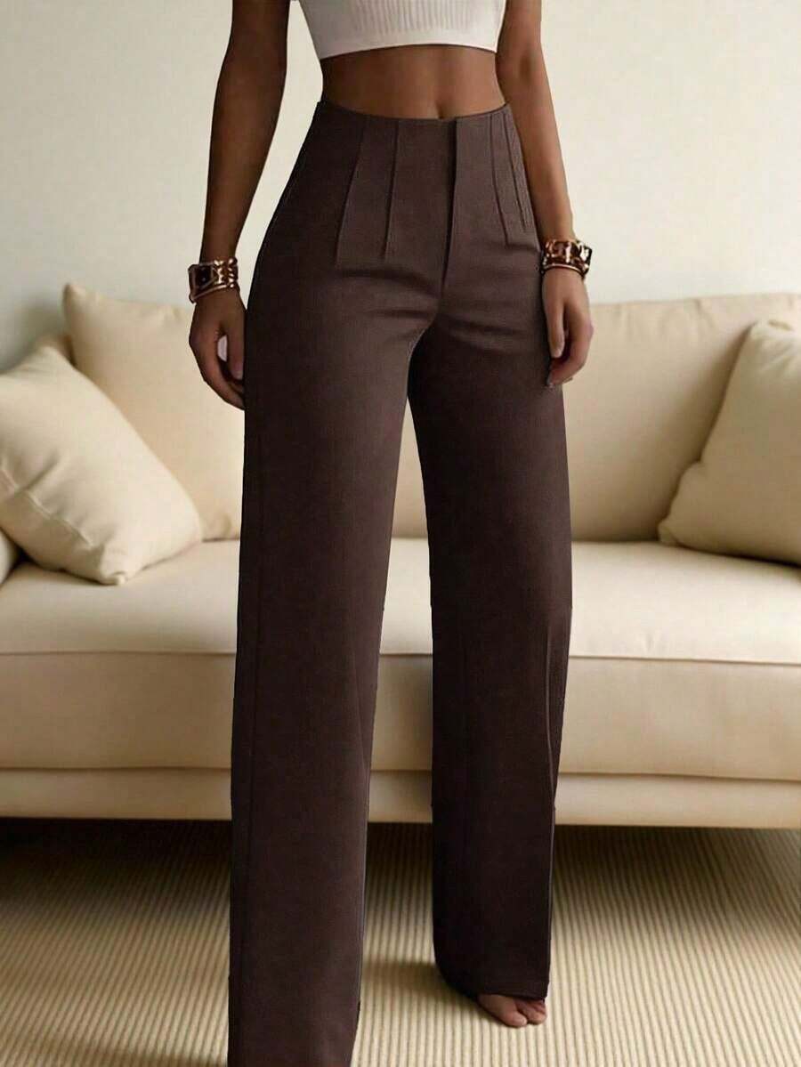 Pantalones rectos de pierna ancha de unicolor para mujer, pantalones casuales de pierna recta, versátiles para diversas ocasiones y para ir al trabajo, color blanco primaveral - Marrón - Ver 1