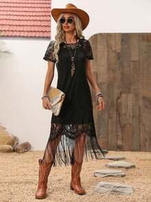 Vestido Midi Mujer Marrón Encaje Floral, Manga Corta Cuello Redondo, Diseño De Flecos En El Borde Inferior, Corte Holgado Fluyente Bohemio, Tejido Encaje Transparente Texturizado Elegante, Estilo Occidental Bohemio Retro Ideal Para Vacaciones, Looks De Viaje Y Uso Diario Casual - Negro - Ver 6