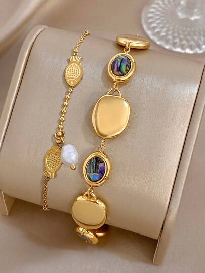 1Pc/Set 18K Gold Plated Oval Irregular Geometry Abalone Shell Style Beaded Link Chain Bracelet, For Women Ladies, Summer Bohemia Beach Stainless Steel Jewelry, Vacation Season, Gifts For Mom, For Daily Party Dates Gala Wedding Valentine Anniversary Music Festival Christmas, Dates, Easter Day