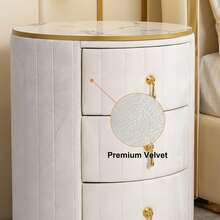 3-Drawer Bedside Table, Upholstered In Velvet (With Marble Top And Gold Hardware) For Bedroom / Living Room, Pink / White. - White - View 3