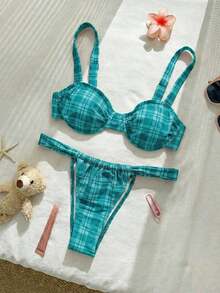 Women's Sexy New Year Red Plaid Print Underwire Wide Strap Bikini Set, Suitable For Pool Party And Beach Wear Vacation Summer - 綠色 - 查看 3