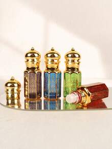 Bouteille de rouleau d'huile essentielle en verre octogonal de style arabe de luxe approuvée par la TSA, de 6 ml, avec un capuchon en couronne doré, un motif géométrique islamique doré et une boule de rouleau en acier inoxydable lisse. Livré avec un outil de remplissage 3-en-1 (entonnoir + compte-gouttes + ouvre-huile) - Multicolore - Voir 1