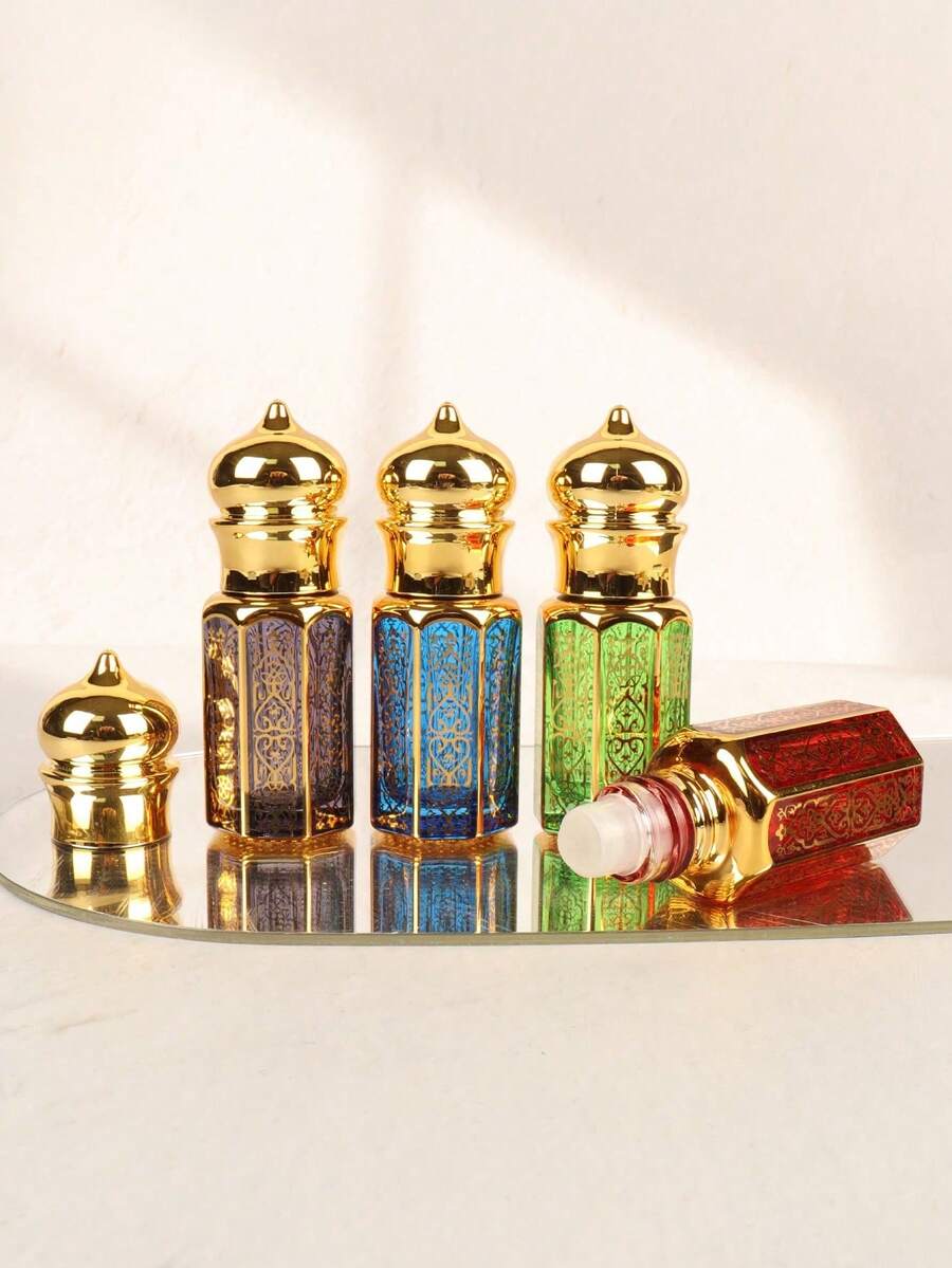 Bouteille de rouleau d'huile essentielle en verre octogonal de style arabe de luxe approuvée par la TSA, de 6 ml, avec un capuchon en couronne doré, un motif géométrique islamique doré et une boule de rouleau en acier inoxydable lisse. Livré avec un outil de remplissage 3-en-1 (entonnoir + compte-gouttes + ouvre-huile) - Multicolore - Voir 1
