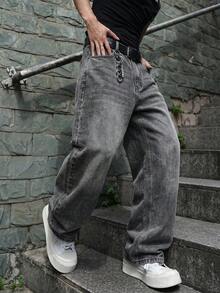 Quần jeans ống đứng màu xám đa năng, quần jeans ống rộng dáng suông thời trang dành cho nam, quần denim dáng rộng thoải mái thường ngày. - Xám - Xem 4