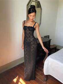 Đầm maxi ôm sát gợi cảm bằng ren đen xuyên thấu Kliou dành cho nữ, thích hợp cho mùa hè, đi biển, hộp đêm. - màu đen - Xem 8