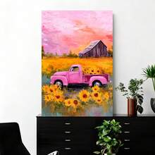 Con marco 2D plano, 2D plano, Una obra de arte 2D con un camión rosa en un campo de girasoles, perfecto para regalos de Pascua y el Día de San Patricio. Este viene enmarcado y es ideal para embellecer cualquier habitación, incluyendo dormitorios, con decoraciones festivas. - Enmarcado - Ver 2