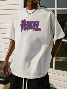 Men's Letter Print Drop Shoulder T-Shirt - 白色 - 查看 5