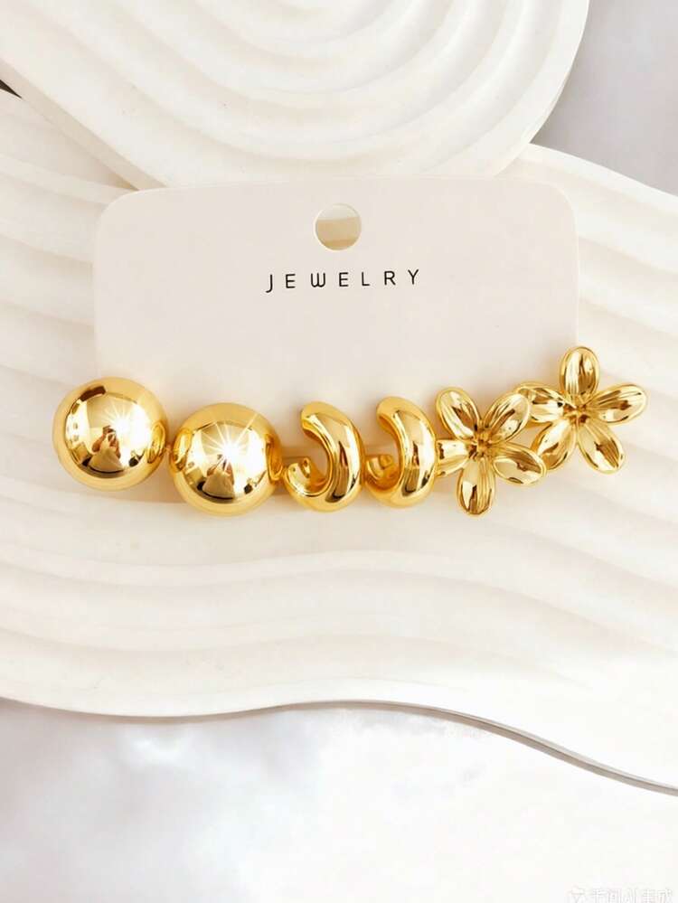 Set de 6-18 piezas de aretes con diseños de forma de C, flor de cinco pétalos, garra de gato y bola, elegantes y de moda, adecuados para el verano, uso diario y festivales, excelente regalo - Dorado - Añade 2
